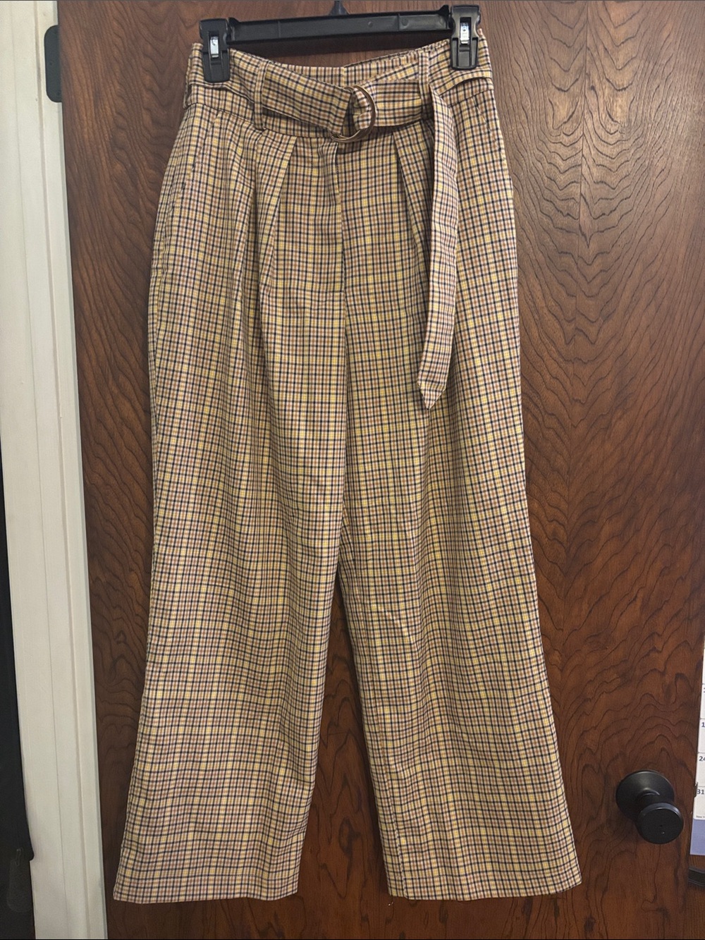 Tularosa Beige Plaid High-Waist Belted Wide-Leg Pants